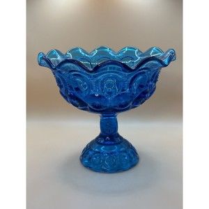 ELEGANT L. E. SMITH BLUE GLASS open MOON & STARS 6 1/4" COMPOTE - SCALLOPED TOP